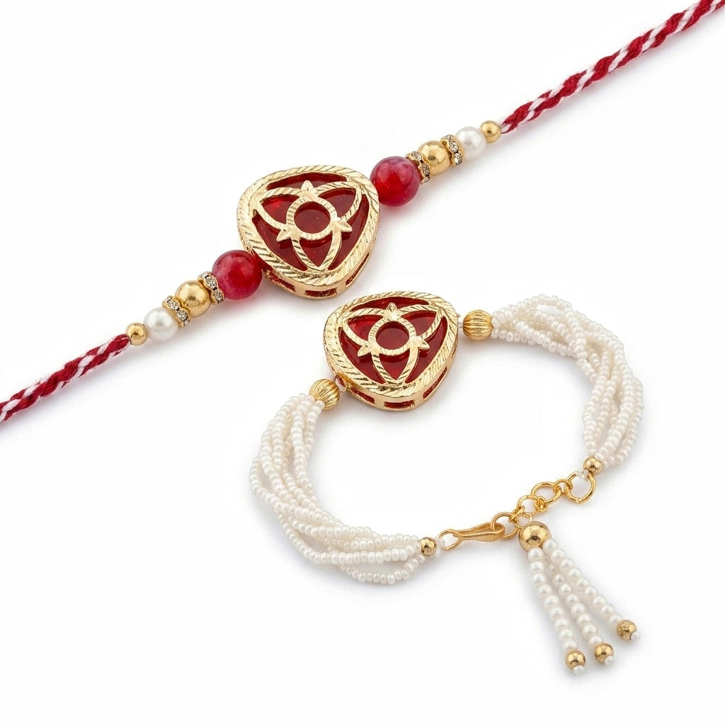 Red Pearl Tassel Rakhi Set