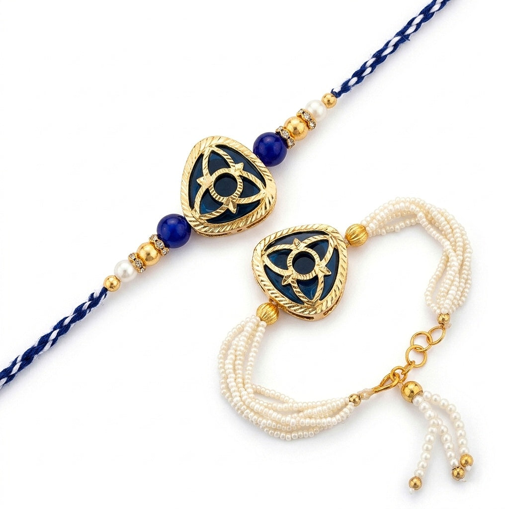 Royal Blue Designer with Pearl Rakhi Set