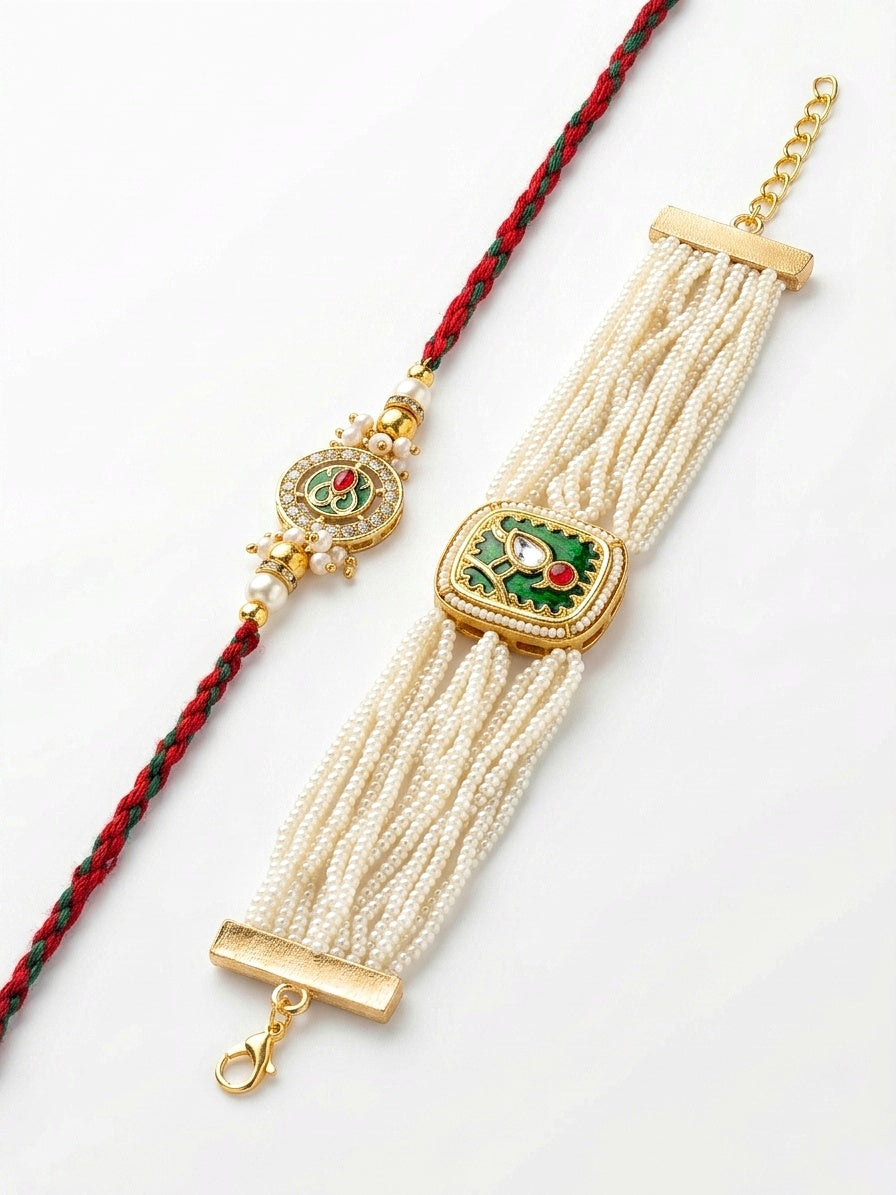 Emerald Green Pearl Bracelet Rakhi Set