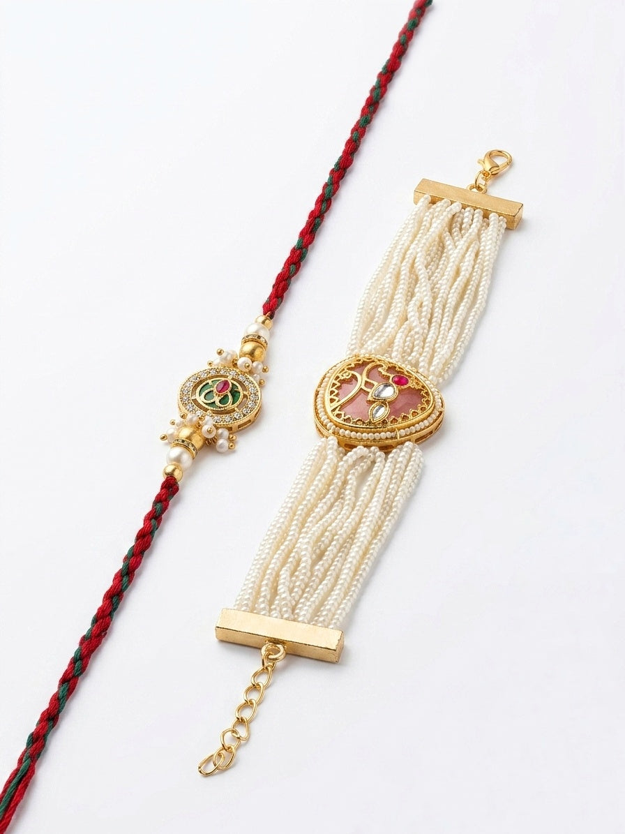 Blush Pink Pearl Bracelet Rakhi Set