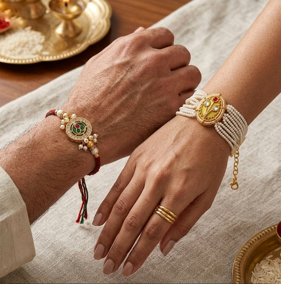 Gold Tone Pearl Rakhi Set