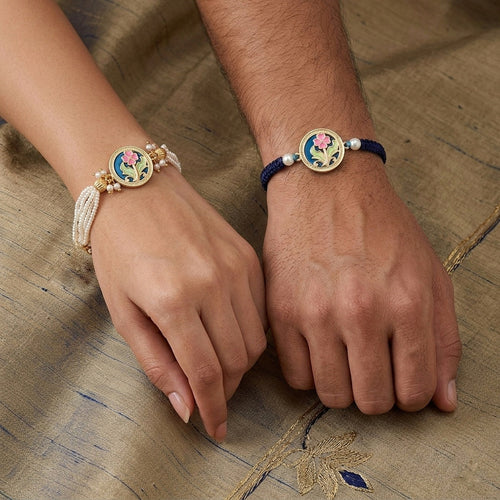 Blue Floral Pearl Rakhi Set