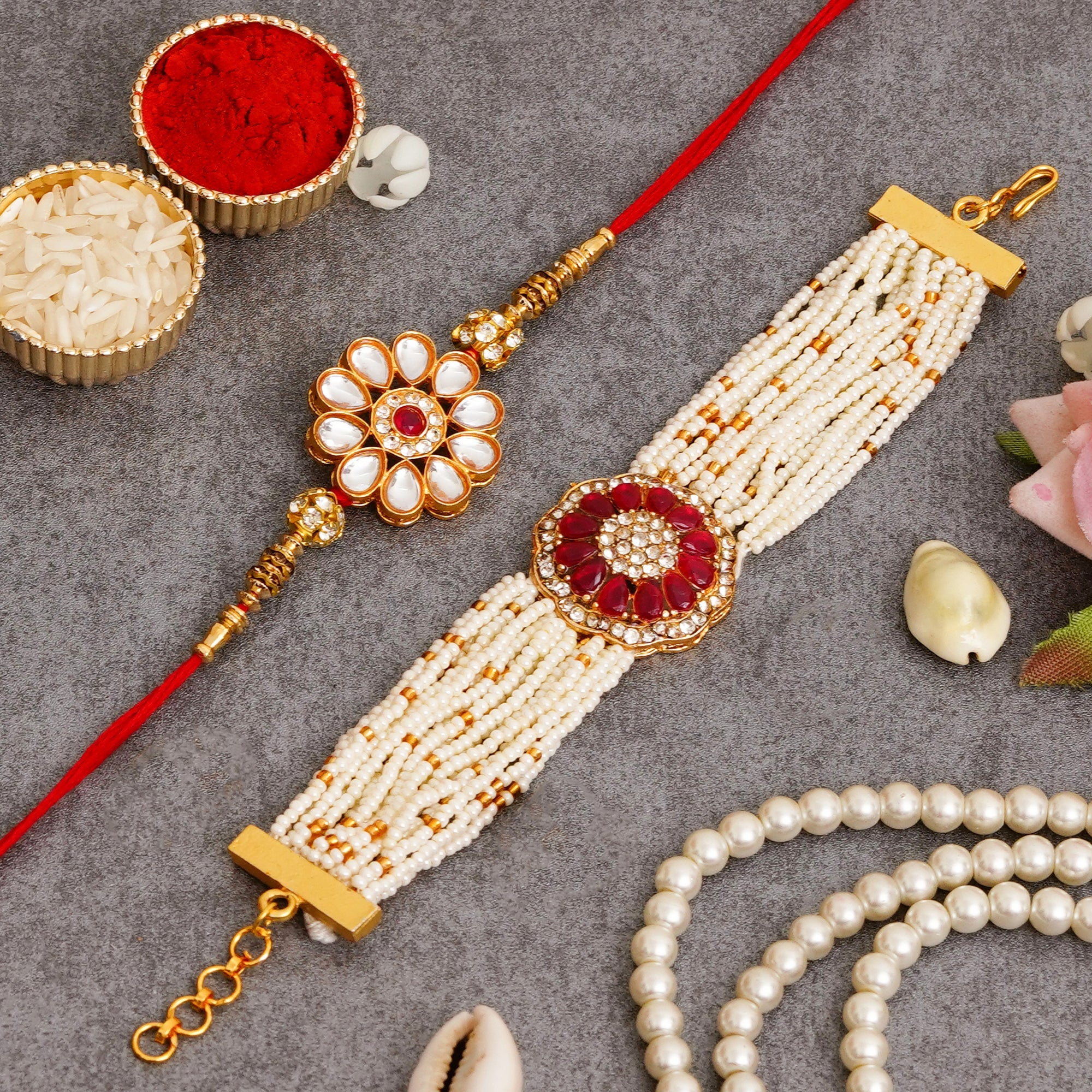 Kundan Pearl Rakhi Set with Free Chawal & Kumkum