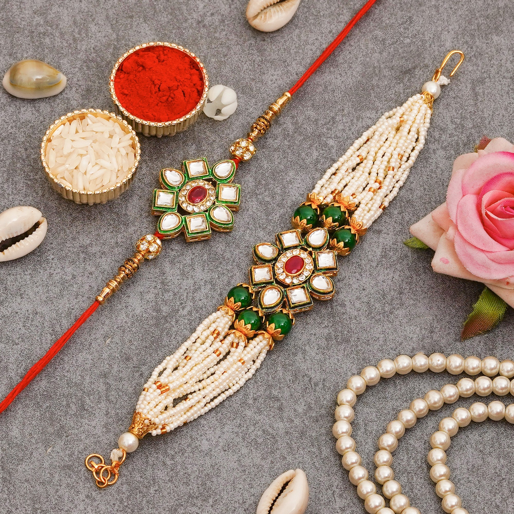 Kundan Pearl Rakhi Set with Free Chawal & Kumkum