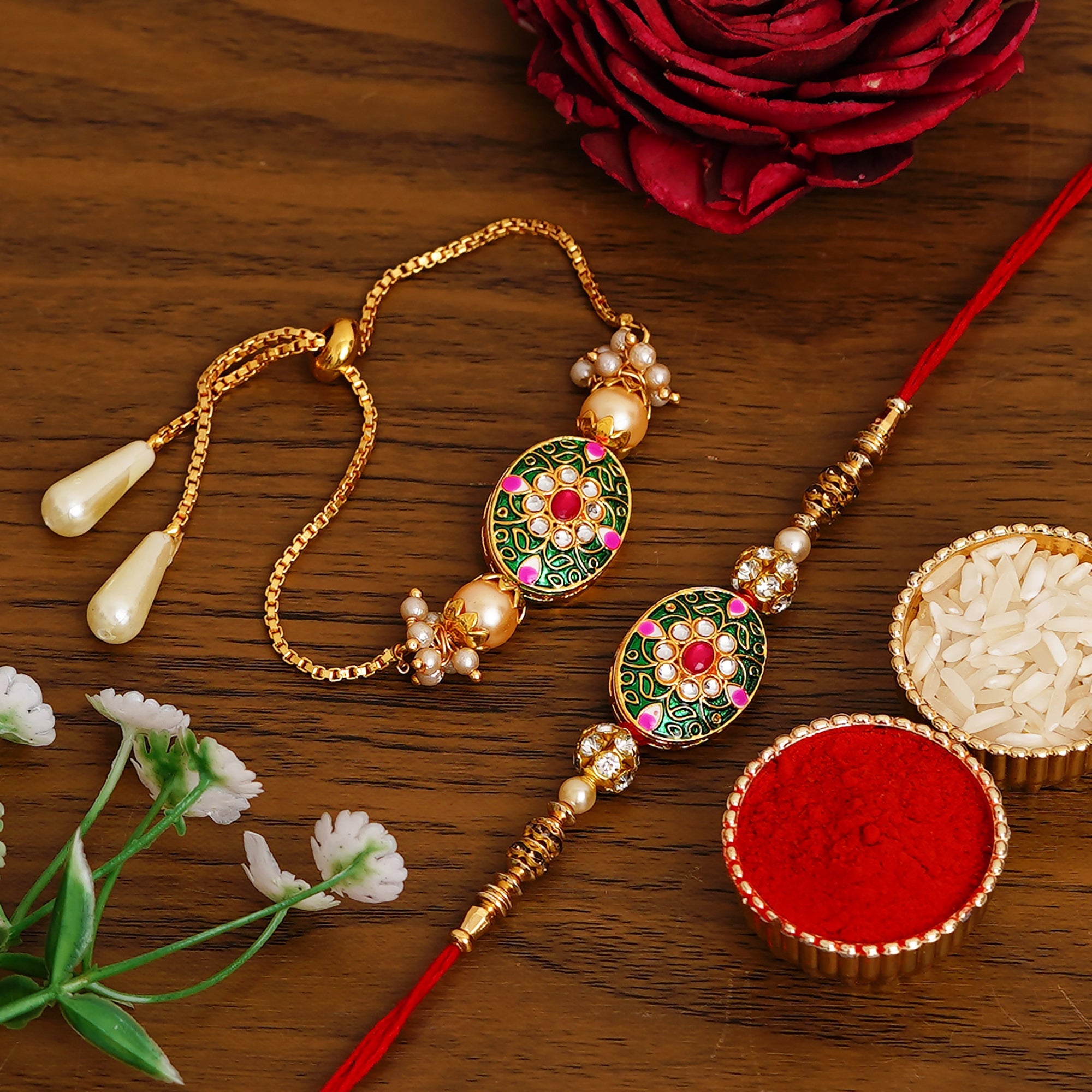 Traditional Meenakari Rakhi & Bracelet Combo with Free Chawal & Kumkum