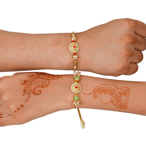 Designer Green Beaded Rakhi & Bracelet Set with Free Chawal & Kumkum