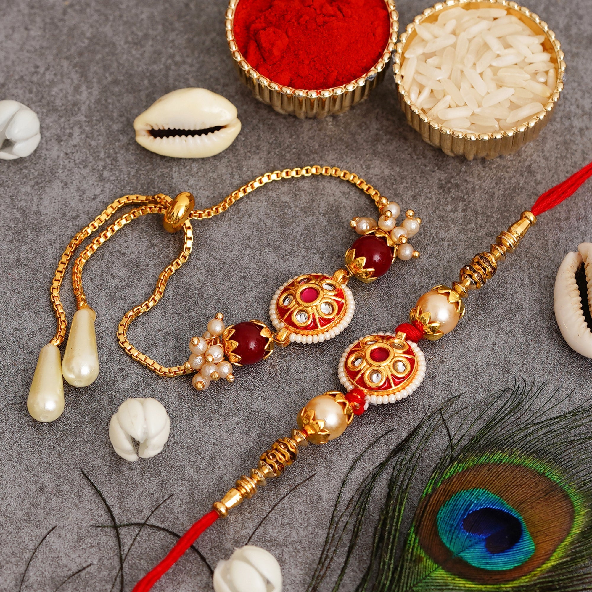 Meenakari Rakhi & Bracelet Set with Free Chawal & Kumkum