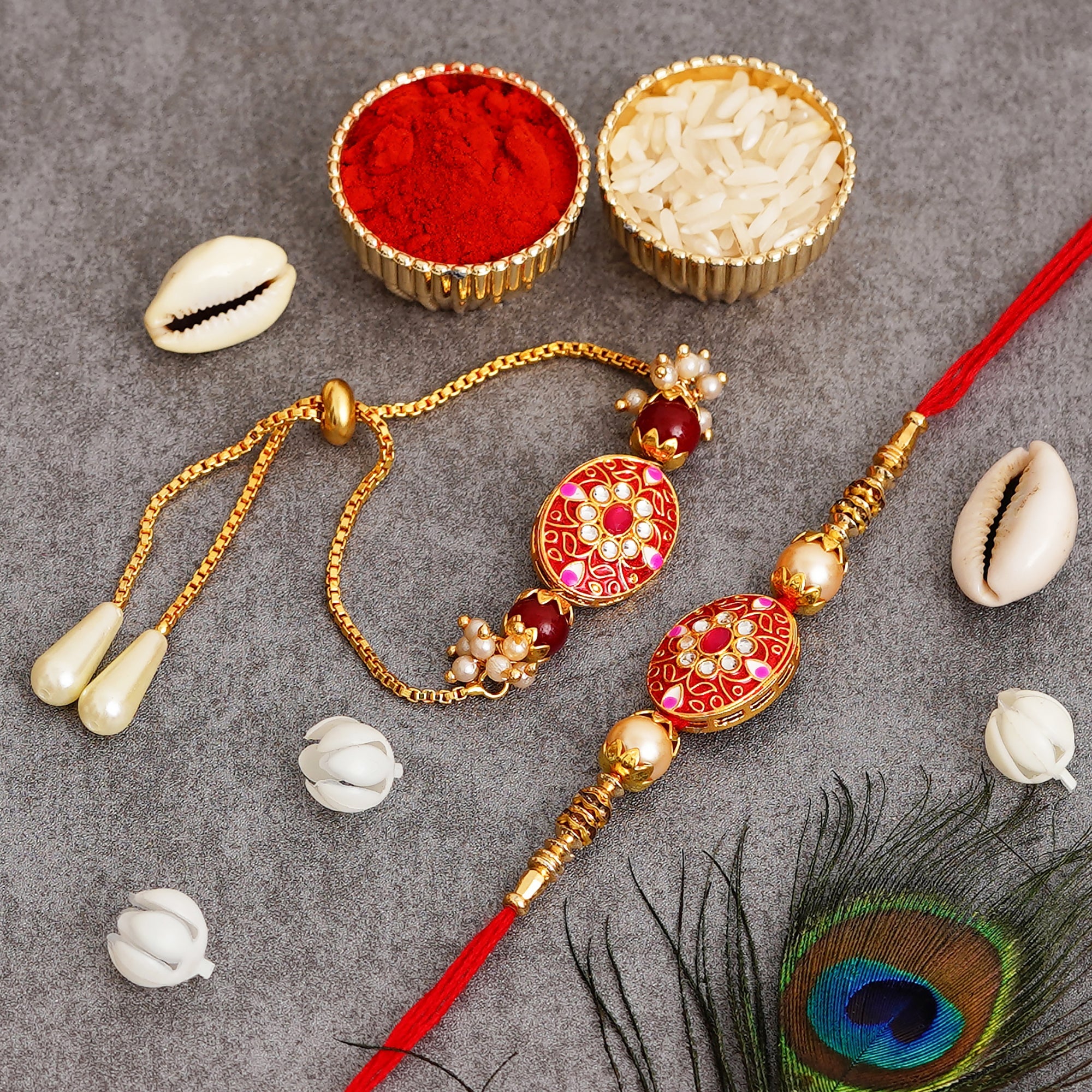 Meenakari Rakhi & Bracelet Set with Free Chawal & Kumkum
