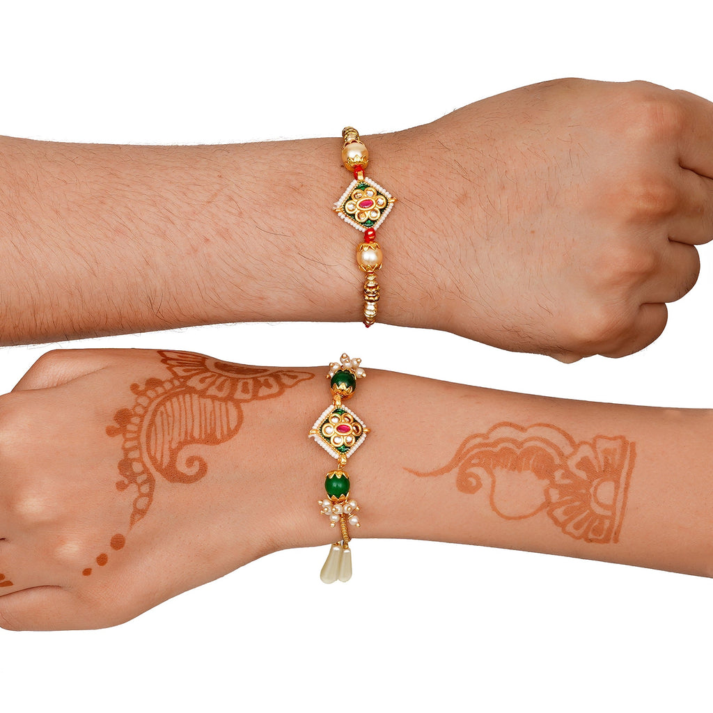 Meenakari Rakhi & Bracelet Set with Free Chawal & Kumkum