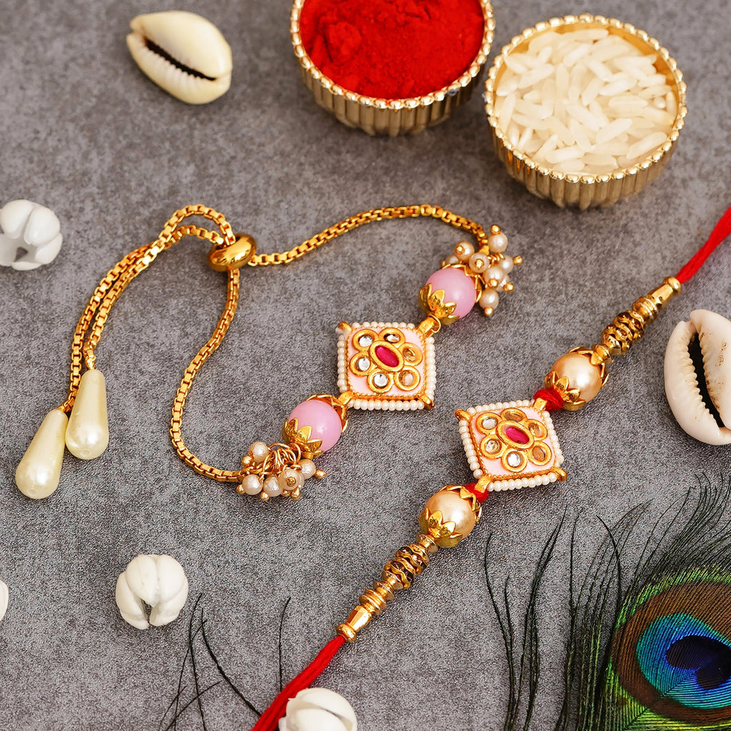 Meenakari Rakhi & Bracelet Set with Free Chawal & Kumkum