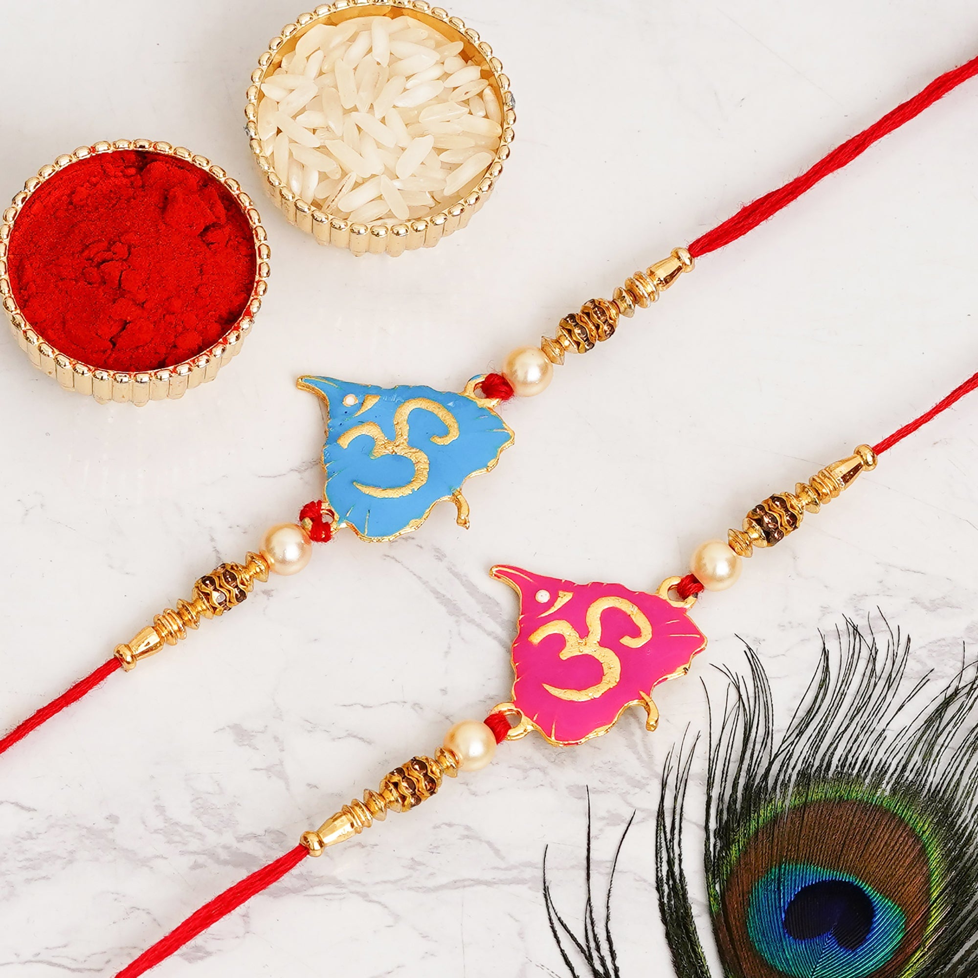 Meenakari Rakhi & Bracelet Set with Free Chawal & Kumkum