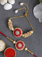 Designer Kundan Rakhi & Bracelet Set with Free Chawal & Kumkum
