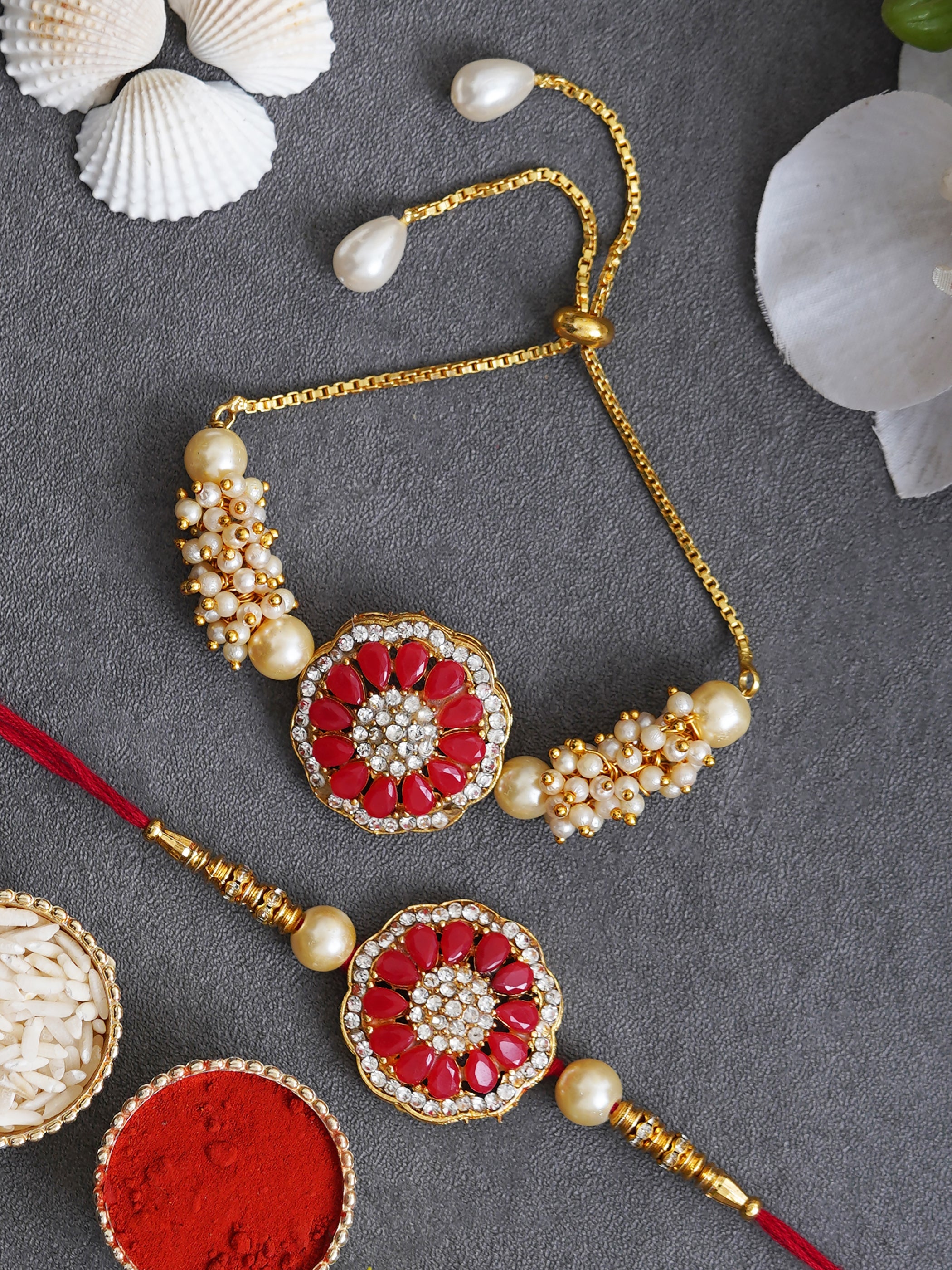 Designer Kundan Rakhi & Bracelet Set with Free Chawal & Kumkum