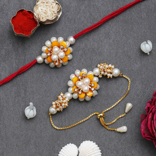 Designer Kundan Rakhi & Bracelet Set with Free Chawal & Kumkum