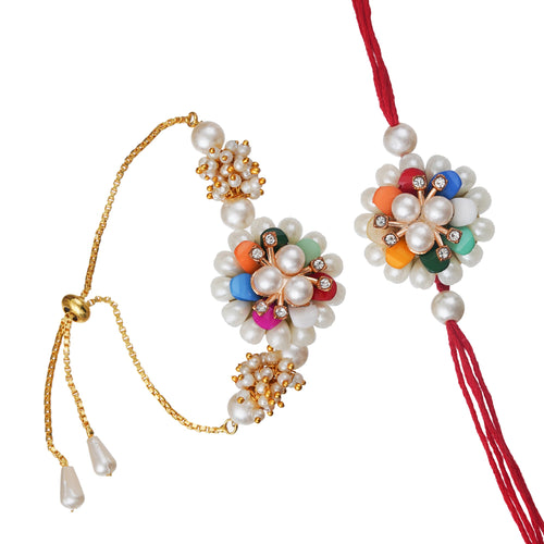 Designer Kundan Rakhi & Bracelet Set with Free Chawal & Kumkum