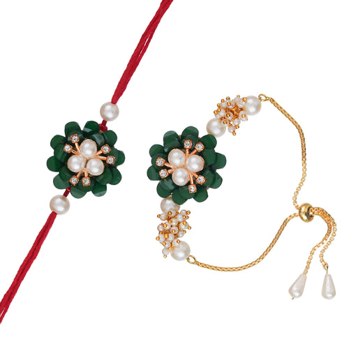 Designer Kundan Rakhi & Bracelet Set with Free Chawal & Kumkum