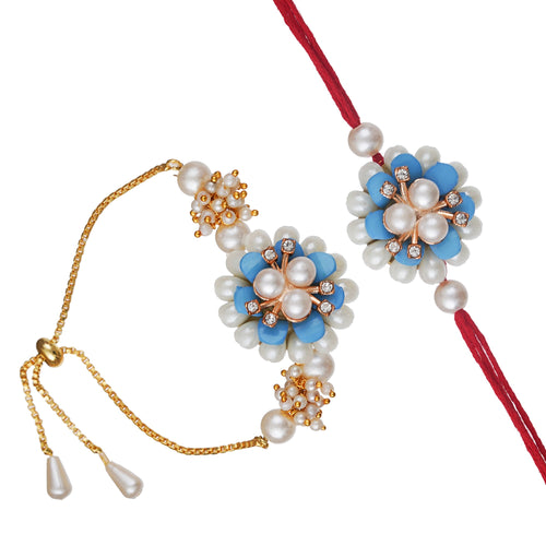 Designer Kundan Rakhi & Bracelet Set with Free Chawal & Kumkum