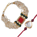 Kundan Rakhi & Multi-Strand Bracelet Set with Free Chawal & Kumkum