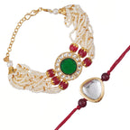 Kundan Rakhi & Multi-Strand Bracelet Set with Free Chawal & Kumkum