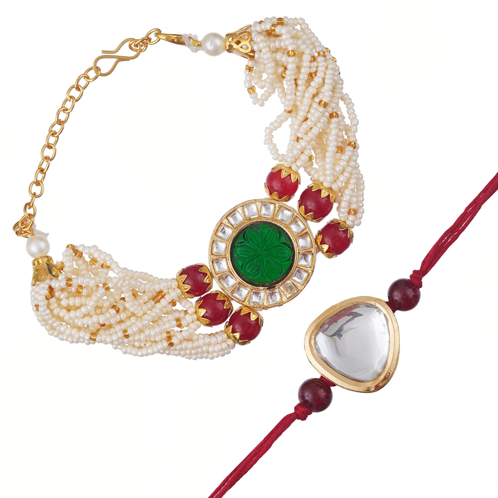 Kundan Rakhi & Multi-Strand Bracelet Set with Free Chawal & Kumkum