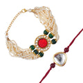 Kundan Rakhi & Multi-Strand Bracelet Set with Free Chawal & Kumkum