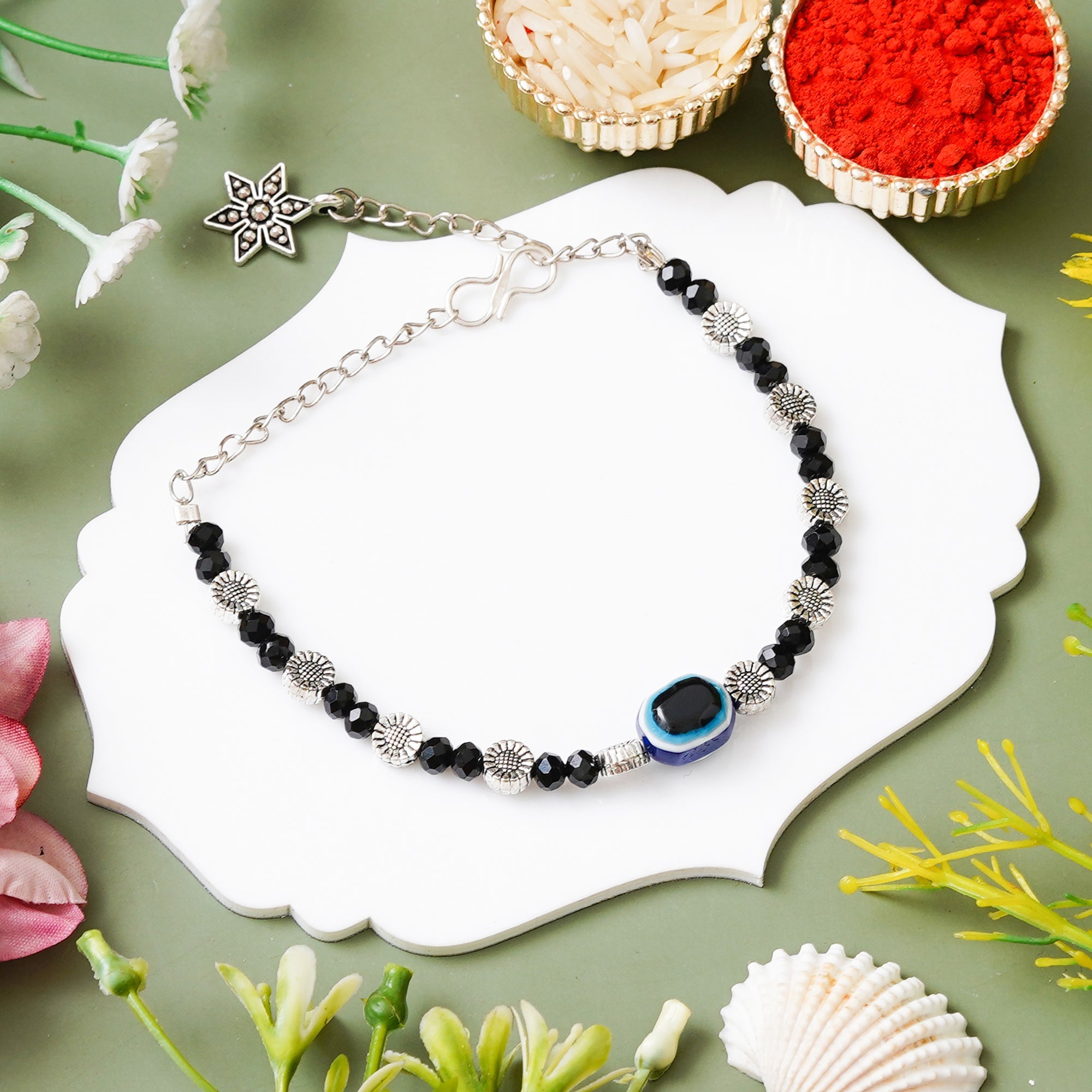 Black Beaded Evil Eye Bracelet Rakhi with Free Chawal & Kumkum