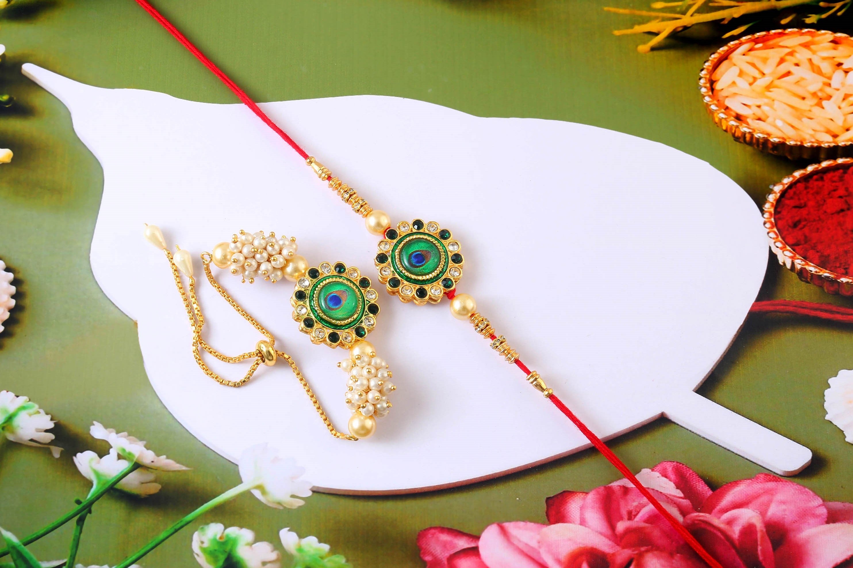 Peacock Design Rakhi  Set with Free Chawal & Kumkum