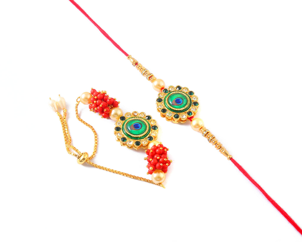 Peacock Design Rakhi Set with Free Chawal & Kumkum