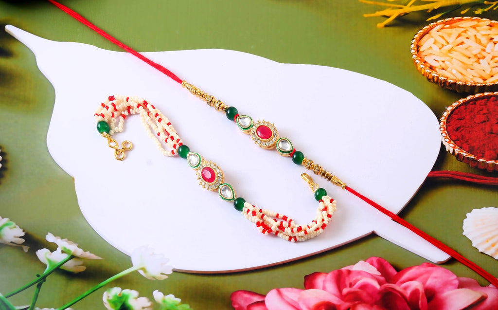 Kundan Rakhi Set with Free Chawal & Kumkum